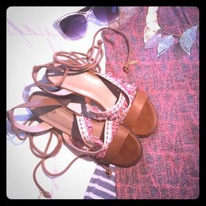 Tan Faux Leather/Colorful Fringe Ankle Tie Sandals